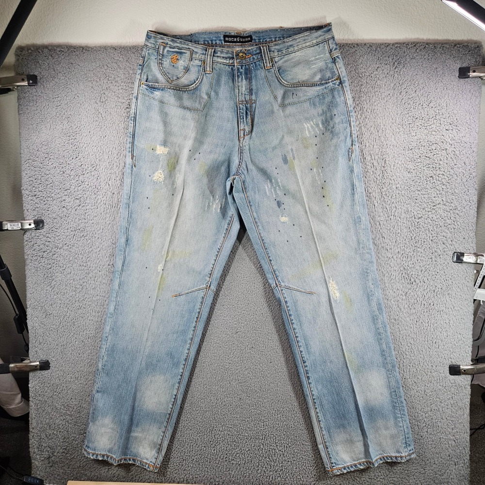 Rocawear Mens Light Wash Distressed Paint Splatter Denim Jeans Size 38x34 Y2K